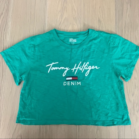 Tommy Hilfiger green short sleeve t-shirt crop top logo size large white - Picture 1 of 4